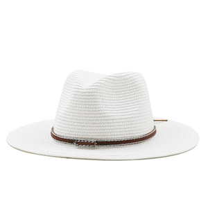 White woven Panama straw sun hat with ethnic style brown leather band and silver buckle