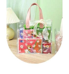 Close-up of clear PVC gift bag with daisy pattern and pink leather handles and bow