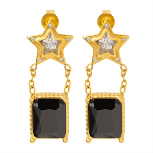 Boucles d'oreilles étoile en acier doré avec pendentif cristal noir pour un look unisexe