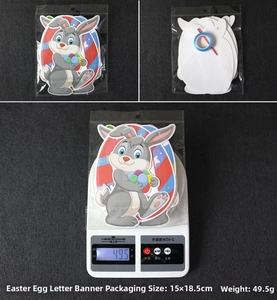 Detailed packaging view of Happy Easter banner with cartoon bunny and colorful eggs