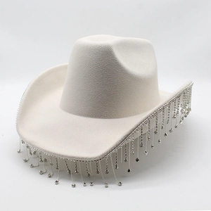 Western Cowboy Hat Woolen Rhinestone Fringe Sparkling Tassels Party Disco Cowgirl Style For Women