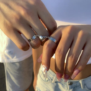 Magnetic heart couple rings in silver finish with adjustable minimalist open bands