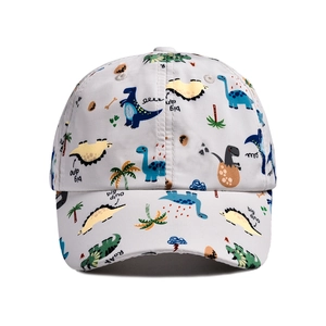 Close-up of waterproof kids dinosaur baseball cap with gray fabric and colorful prints