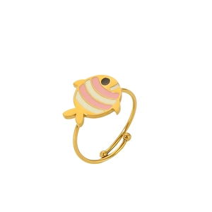 Detail of adjustable fish ring in gold with pink and white enamel stripes finish
