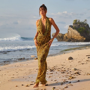 Sexy leopard print halter maxi dress for beach vacations with backless design