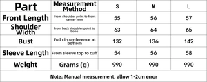 Detailed size chart for the casual hooded cotton jacket with measurement specifications
