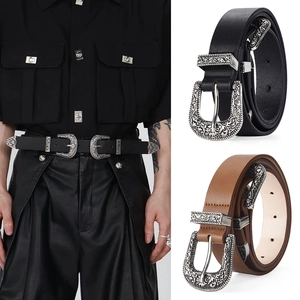 Women Vintage Western Cowboy Belt PU Leather Double Carved Floral Alloy Buckle Waistband Boho Style Decorative For Jeans