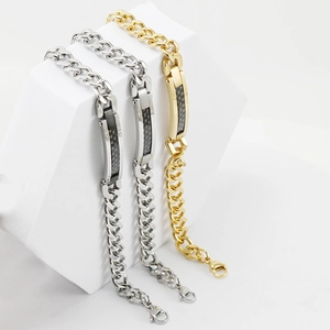 Gold and silver stainless steel Cuban bracelets with carbon fiber inlay for men