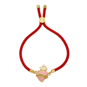 Bracciale regolabile in corda rossa con pendente a cuore rosa e dettagli dorati