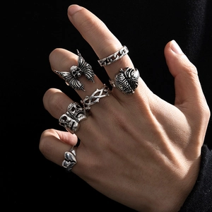 6pcs Goth punk rings set featuring skull and butterfly motifs in vintage silver finish