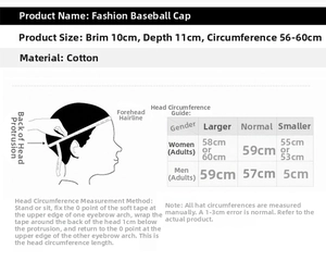 Size chart showing 10cm brim and 56-60cm circumference for cotton mesh baseball cap