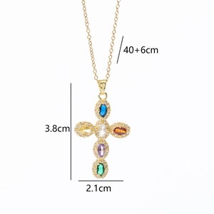 Gold cross necklace with multi-color stones, 40+6cm chain length and 3.8x2.1cm pendant size