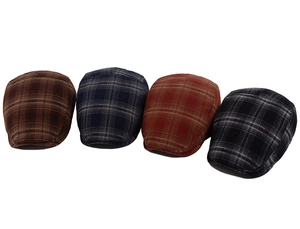 Flat lay of four vintage plaid ivy caps in brown, blue, red, and grey color options