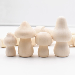 Natural wood mushroom DIY crafts set in various sizes for home decor on white background