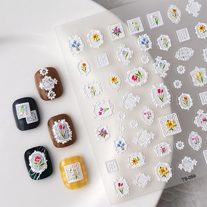Detail of 5D embossed nail stickers featuring white lace and colorful flowers TS-059