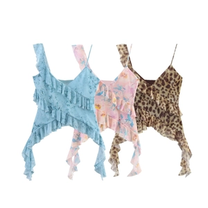 Damen Top Mit Gestuften Volants Asymmetrische Träger Mesh Floral Leopard Print Sexy Bauchfreies Oberteil