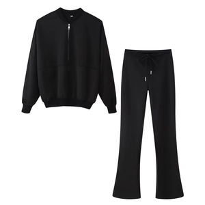 Women's black casual sports set featuring a zipper bomber jacket and drawstring flare pants