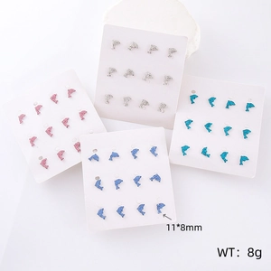 Detailed view of dolphin stud earrings set in four colors with 11x8mm size specifications
