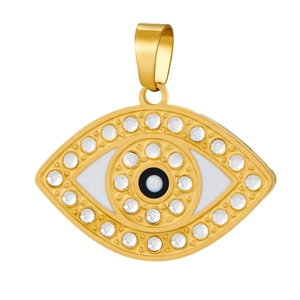 Macro detail of gold-plated evil eye pendant with crystal stones and blue enamel finish