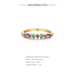Detail showing gold plated S925 silver ring with five colorful marquise and round zircons