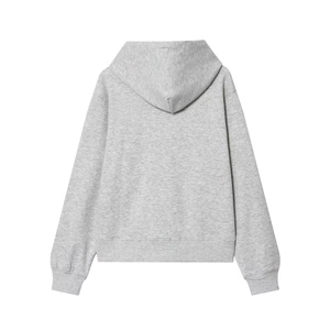 Detail view of the back of a grey heather hoodie with large hood and ribbed cuffs