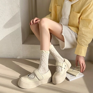 Chic beige Mary Jane platform shoes with floral lace knee-high socks on stairs