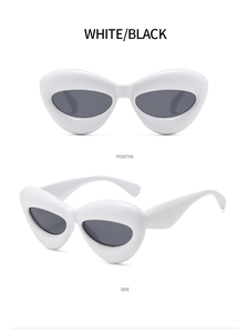 Front and side views of chunky white bubble cat-eye sunglasses with dark lenses