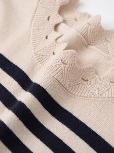 Close-up of the delicate scalloped lace neckline and navy striped knit texture