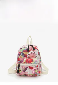 Detail of floral canvas backpack featuring vibrant patterns and a front zipper pocket