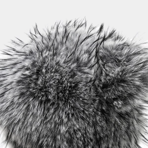 Macro shot of fluffy grey and white faux fur texture on the warm winter hat