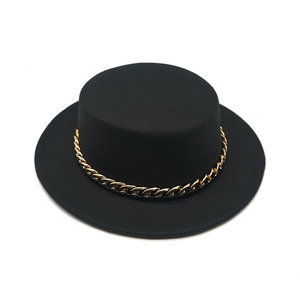 Classic black flat top boater hat with a decorative gold chain band for women