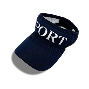 Navy blue knitted empty top sun visor hat with white SPORT lettering and UV protection