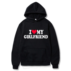 Black cotton hoodie featuring I Love My Girlfriend print and front kangaroo pocket