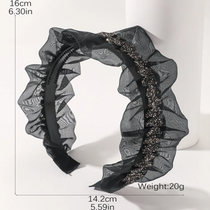 Detailed size specifications of the black tulle headband with rhinestones and beadwork