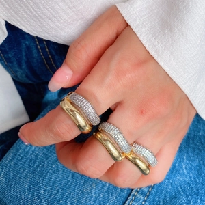 Geometric Double Layer Ring Copper Plated 18K Gold Inlaid Zircon Adjustable Opening Minimalist Jewelry For Women