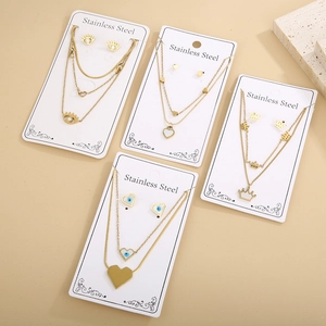 Stainless Steel Layered Necklace And Stud Earrings Heart Crown Evil Eye Shell Inlay Vintage French Style Women Gold Plated