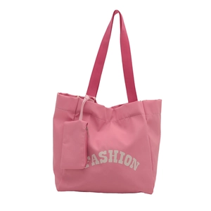 Pink nylon tote bag with white FASHION print and matching hanging coin purse