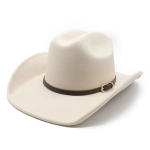 Detail of beige cowboy hat with brown leather band and golden metal buckle texture