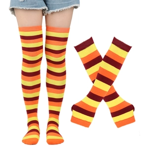 Striped knee-high socks and arm warmer set in yellow, orange and dark red tones