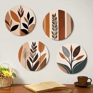 Set of 4 boho wooden round wall art with abstract botanical leaves in earthy tones