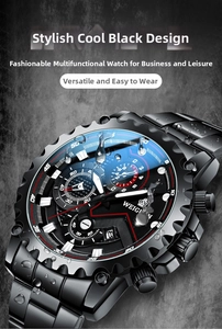 Detail of waterproof black stainless steel chronograph watch with date display and sub-dials