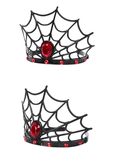 Macro detail of Halloween spider web crown with red rhinestones on a white background