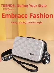 Detail of silver hard shell mini crossbody bag with diamond texture and lettered strap