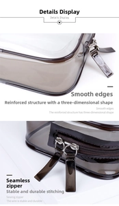 Detail view of smooth edges and reinforced sewing zipper on gray waterproof PVC wash bag