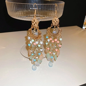 Detail of bohemian drop earrings with colorful beads and translucent teardrop charms