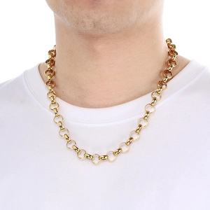 Close-up of chunky gold stainless steel chain necklace worn by a fashion model