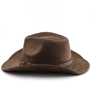 Detail of a brown western cowboy hat featuring a faux suede texture and leather band