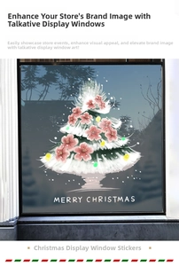 Detailed snowy Christmas tree glass sticker with pink flowers and Merry Christmas text