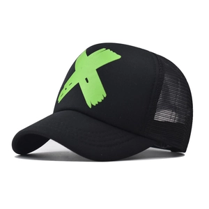 Close-up of black mesh trucker hat featuring a neon green graffiti X logo design