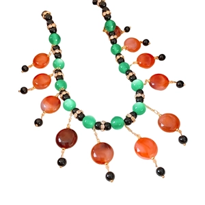 Vintage beaded fringe necklace with green and amber glass beads and gold metal links